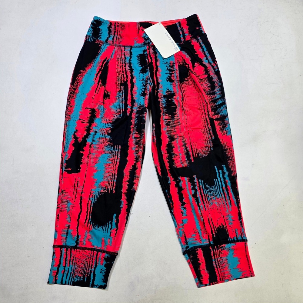 Fabletics Capri Leggings Womens XS Pink Blue Abstract Print Slim Slouchy Fit NEW